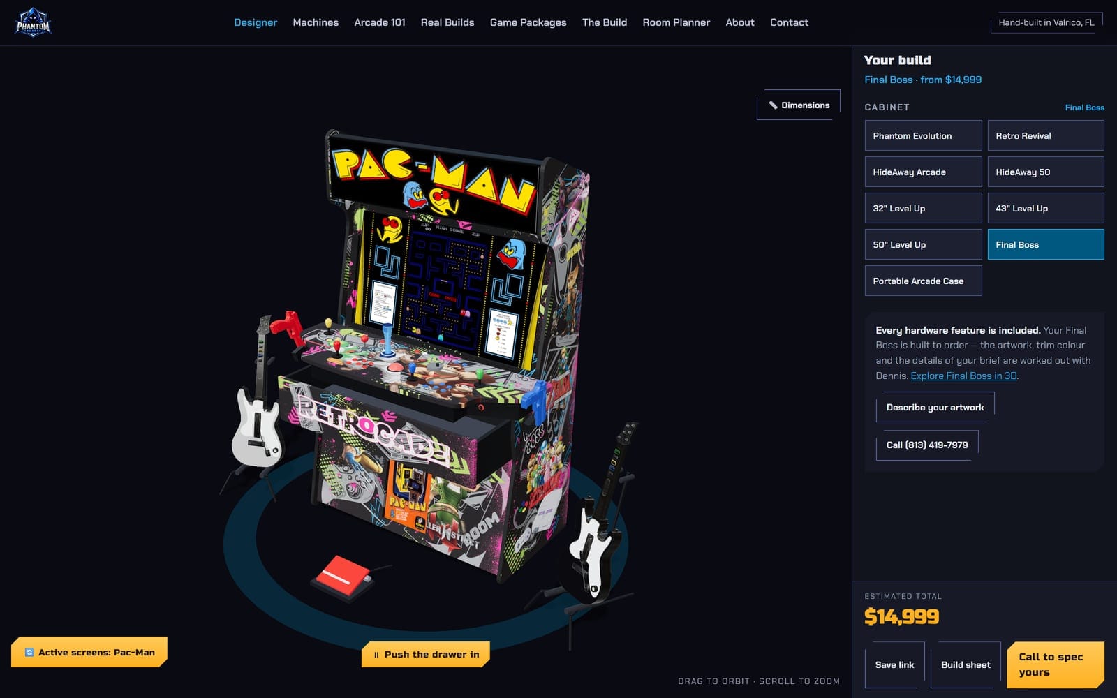 The Final Boss in the configurator at $14,999, four players, all three screens active.