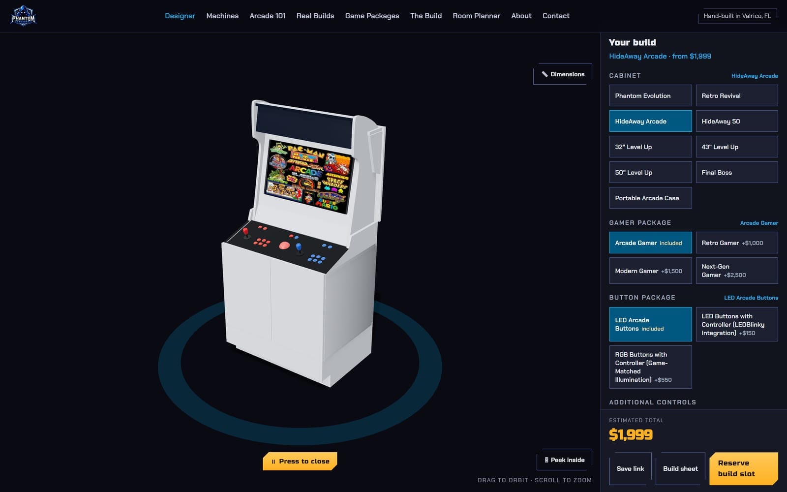 The HideAway Arcade in the configurator at $1,999, part-way through closing its hood.