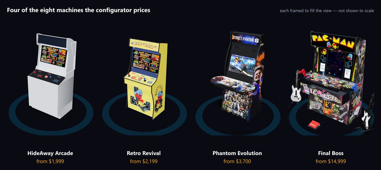 Four Phantom Arcades cabinets from the configurator, from the $1,999 HideAway to the $14,999 Final Boss, each framed to fill the view rather than shown to scale.