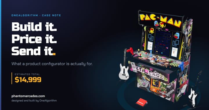 A Phantom Arcades Final Boss arcade cabinet beside the words Build it, price it, send it.