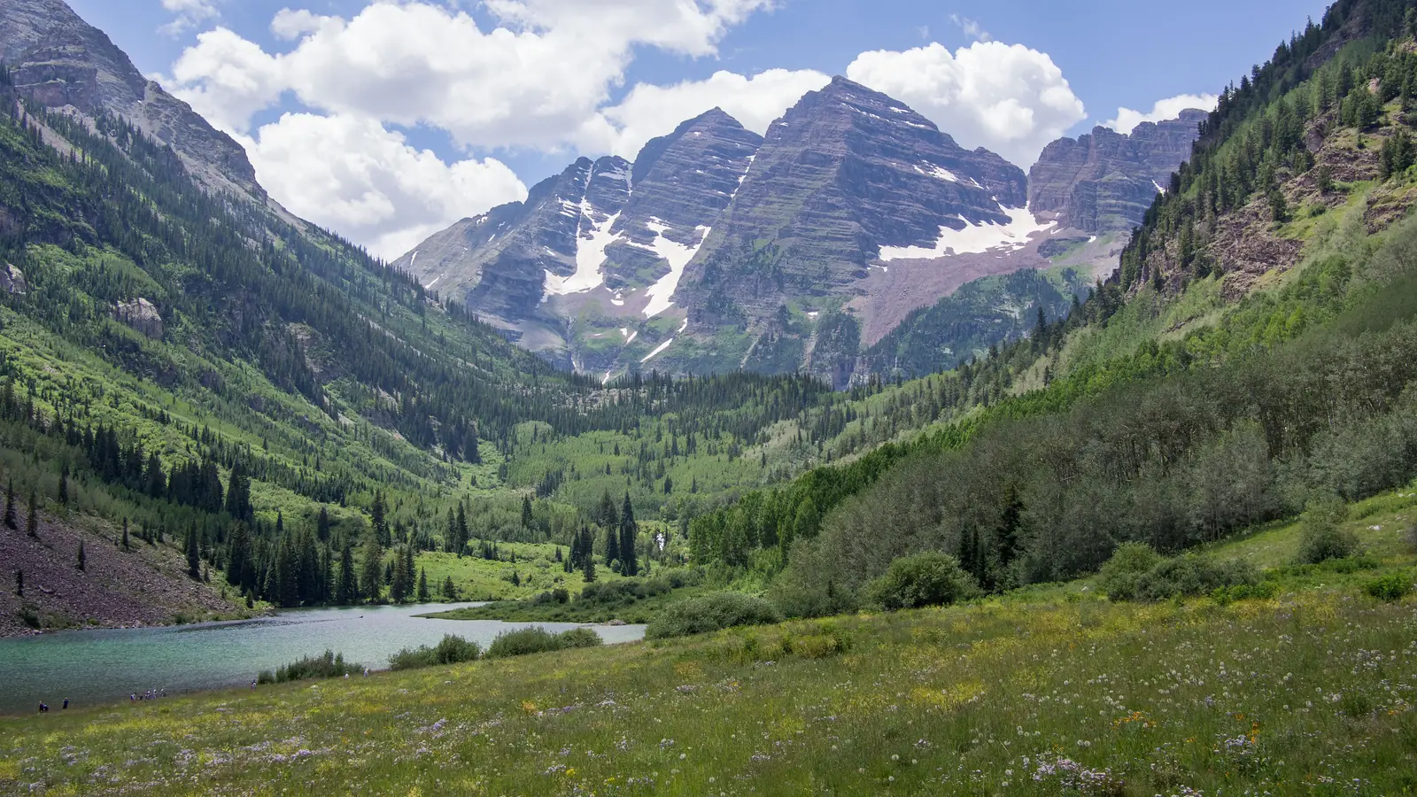 The Maroon Bells peaks above Maroon Lake near Aspen, Colorado.