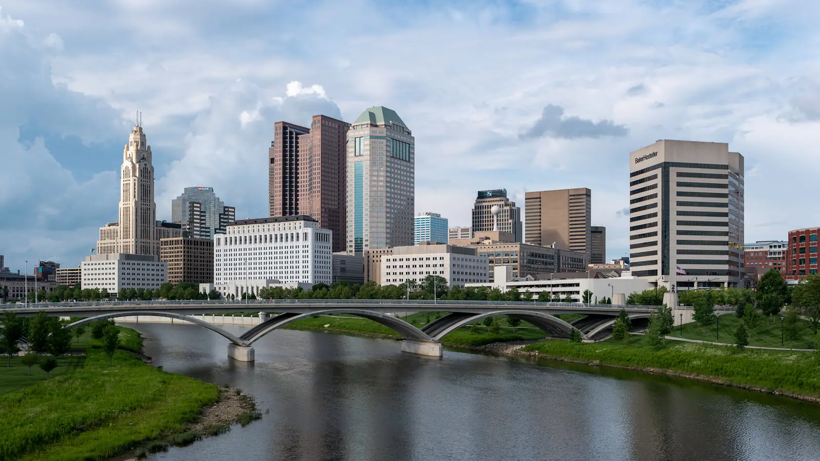 Downtown Columbus, Ohio, and the Scioto River seen from the Main Street Bridge.