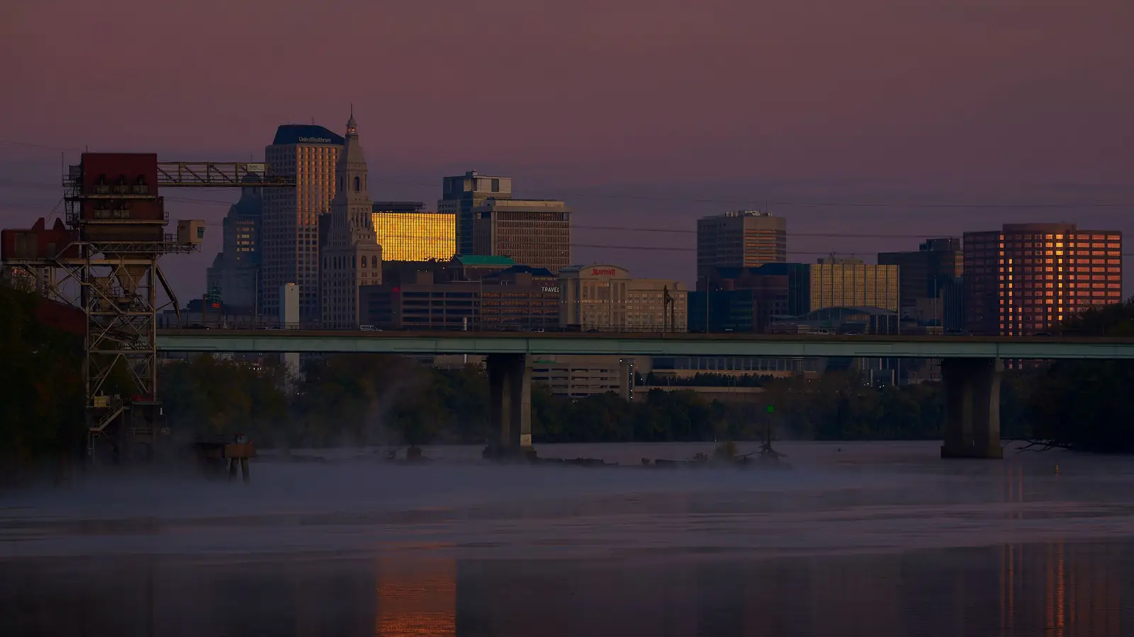 Sunrise over the Connecticut River and downtown Hartford, Connecticut.
