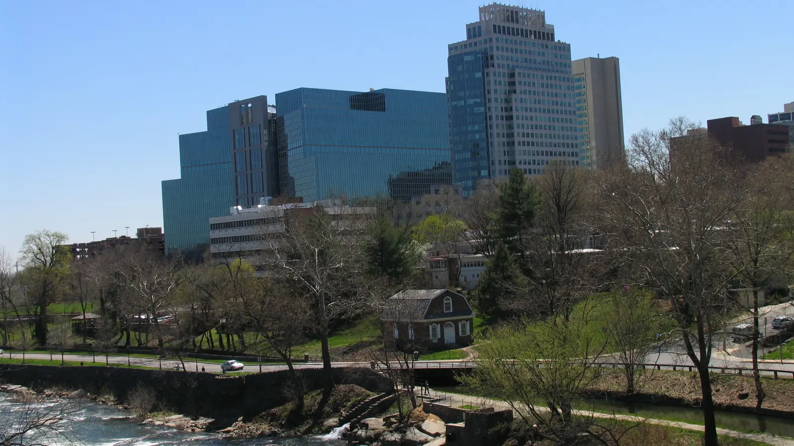 Downtown Wilmington, the largest city in Delaware, above the Brandywine Creek.