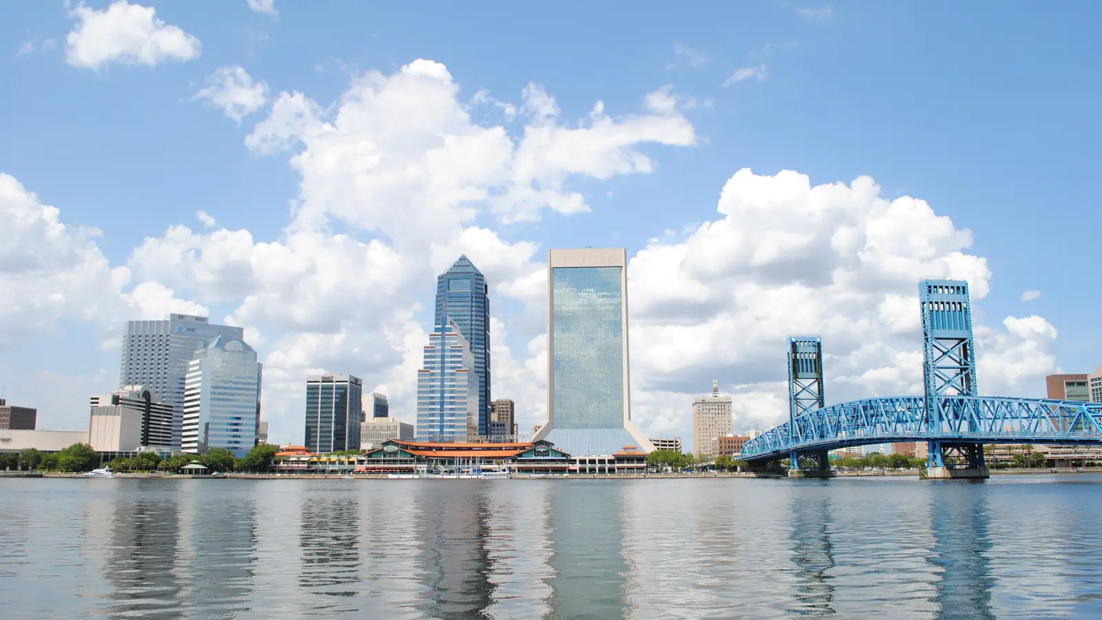 Downtown Jacksonville and the blue Main Street Bridge across the St. Johns River.