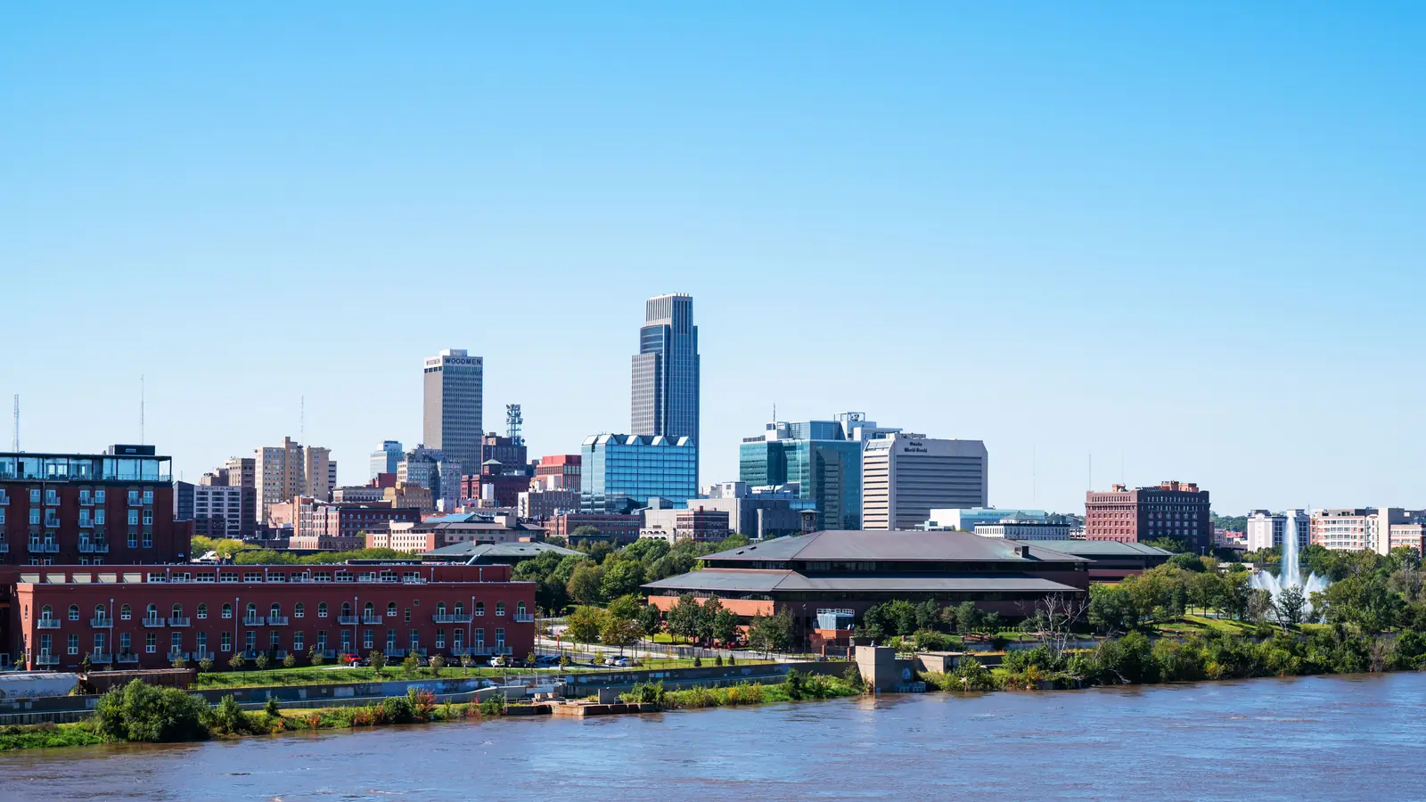 The Omaha skyline above the Missouri River on a clear day.