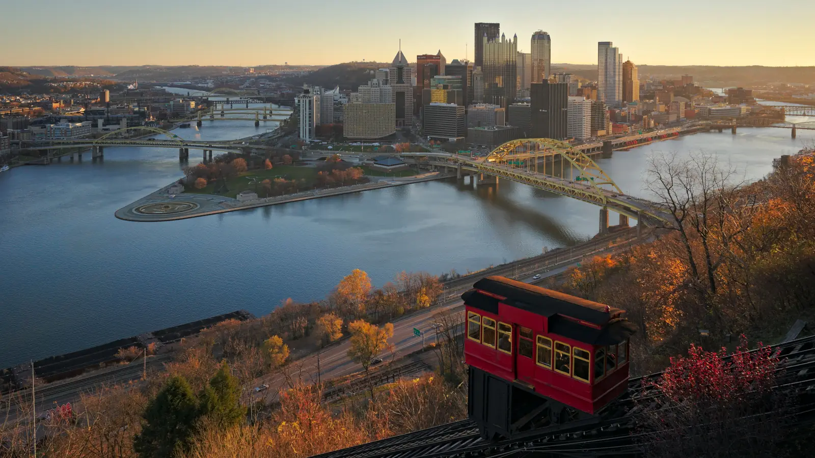 Downtown Pittsburgh, Pennsylvania, and its rivers in early-morning light, seen from the Duquesne Incline on Mount Washington.